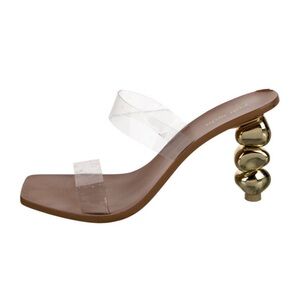 Cult Gaia Clear Strap Heels with Gold Sculpted Heel